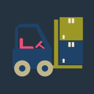 Icon of a blue forklift with a green box on a dark blue background